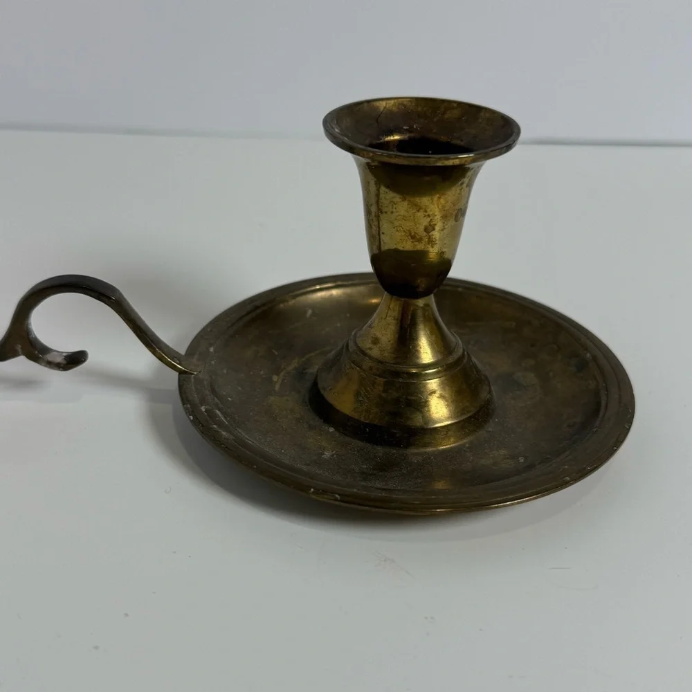 Vintage Brass Chamberstick Candle Holder Thumb Rest Finger Hole Drip Pan Patina